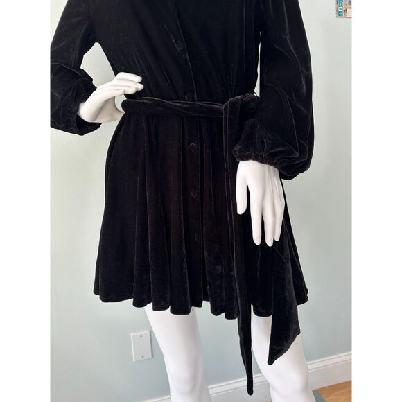Zara Black Velvet Belted Balloon Sleeve Button Up Mini Dress size Medium - Picture 7 of 10